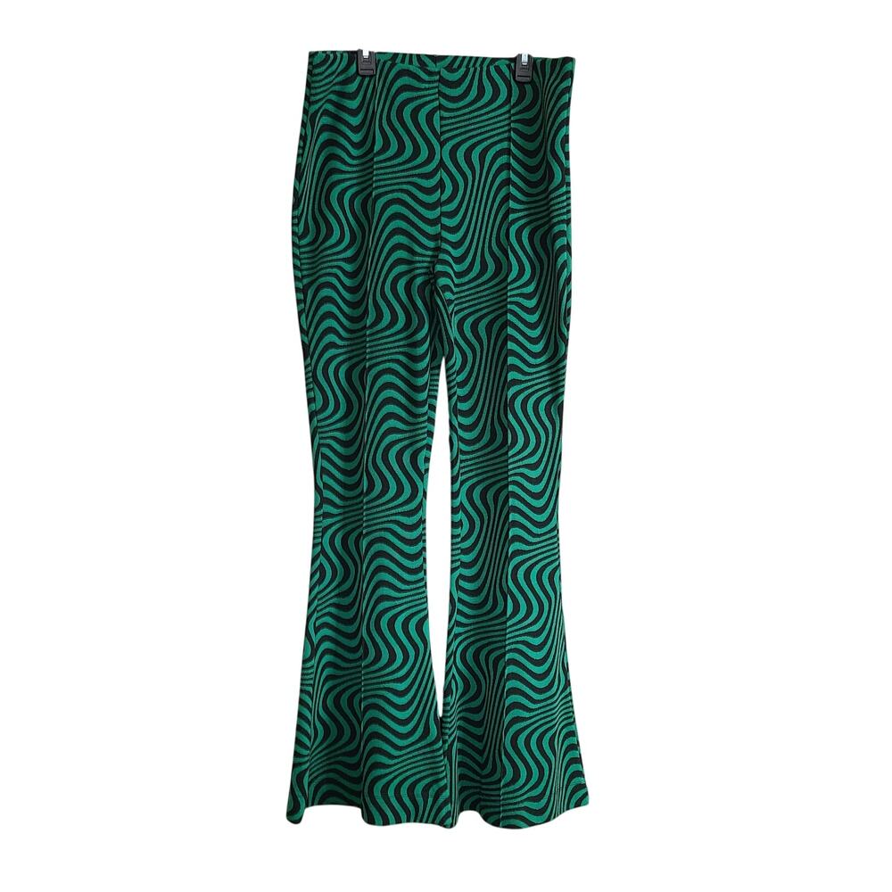 Zara Minimalism Knit Flare Pant Women L Swirl Pull On Green Hippie Festival‎ Art